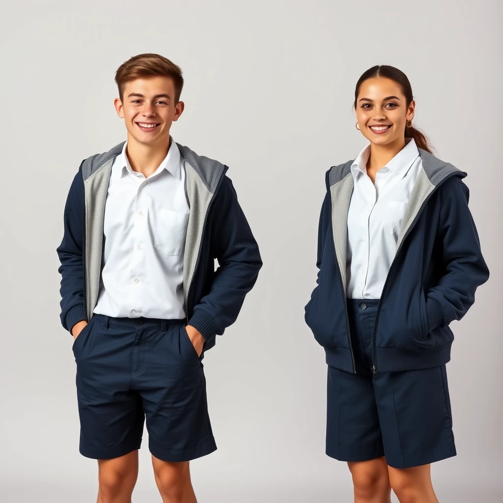 Two students are standing independently, smiling with happy faces. They are two Australian students from St Andrews College, 15 years old, wearing a uniform of a white shirt and dark blue shorts made from high-quality microfiber fabric for warmth. The navy shorts are over-knee length. The young man's sharp features and the young woman's kind gaze exude intelligence and determination. Their hands are out of the jackets, and they stand facing the photographer. The background is plain and neutral, keeping the focus on the subjects. The photography is realistic, high-quality, full-body, and sharply detailed, taken with a Sony A7A1 camera and a 16mm lens, in 8k resolution.