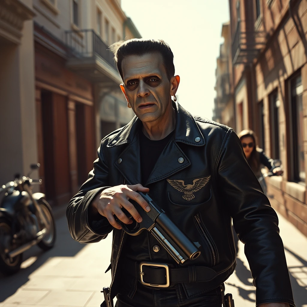 Boris Karloff as Frankenstein the Hells Angels biker walks down the sidewalk, dressed in leather, wearing a cowboy pistol, the noonday sun is bright, photo-realistic, leering, aggressive, 4k. - Image