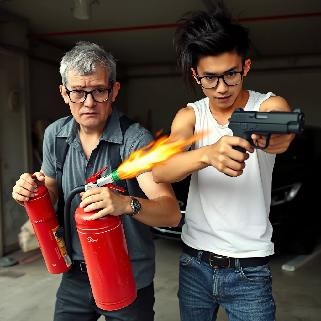 21-year-old European white Italian man with round prescription glasses and short hair holding a very large fire extinguisher flamethrower, and a 21-year-old northern Chinese man with long black hair in a mullet, square glasses, holding a pistol; both angry; murderous intent; garage setting; both thin.