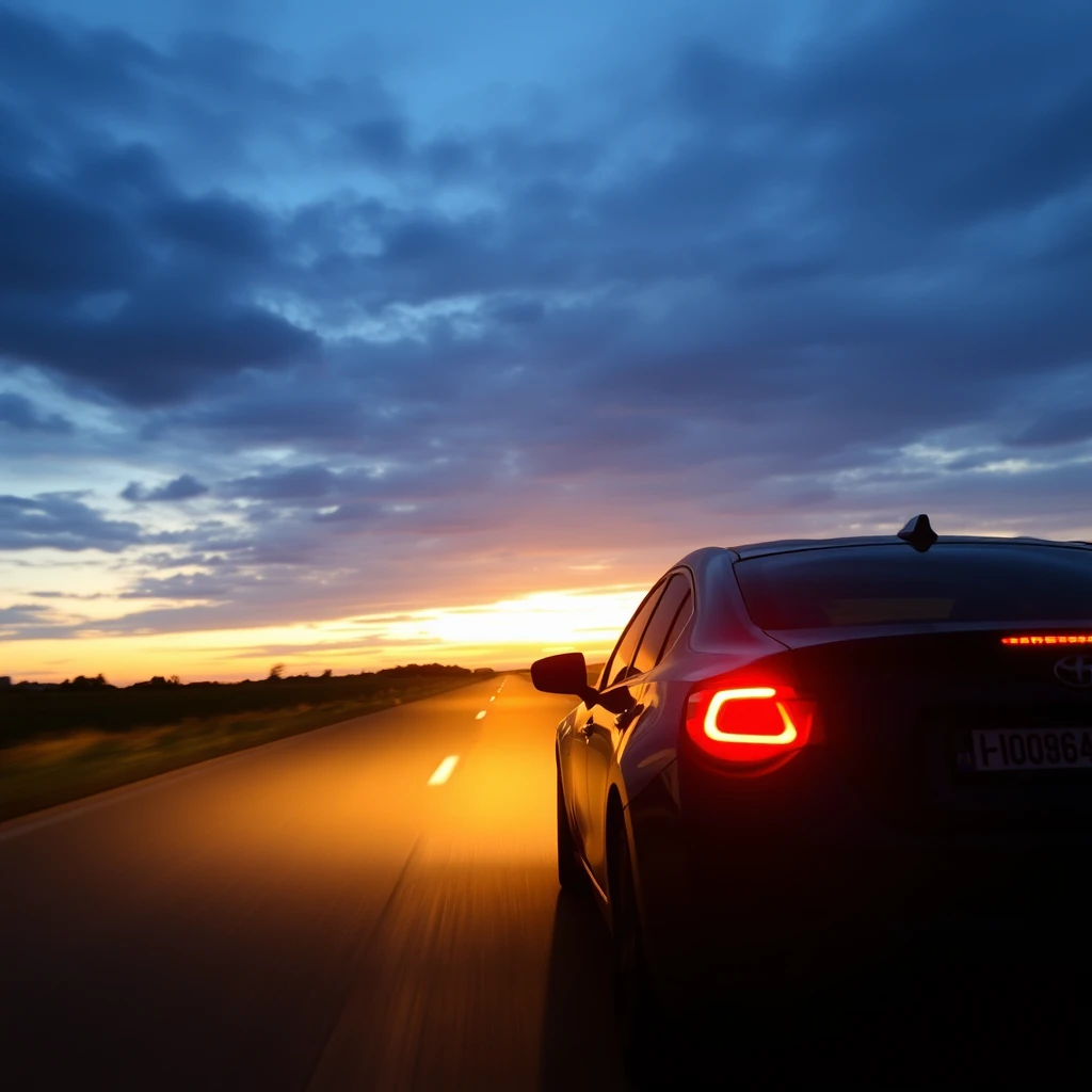 A car drives towards the fading light of dusk. Dusk shines brightly, no need for dynamic rendering.