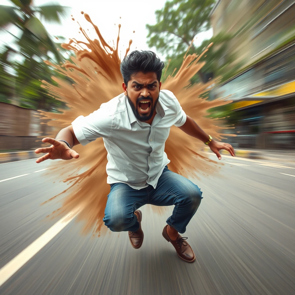 Indian man flying away at high speed 20m high, squat pose, high pressure stream of brown liquid coming from behind, low quality CCTV footage, angry screaming at camera, bulging eyes, side view, radial blur.