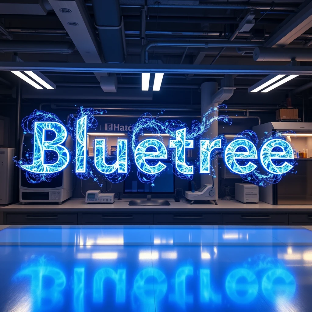 The word "Bluetree" rendered as a holographic projection floating in a high-tech quantum research lab. Each letter, 3 feet tall, is composed of swirling blue particles that mimic the behavior of quantum waves. The text pulsates and shimmers, casting an ethereal blue glow on the surrounding scientific equipment. Sleek, futuristic surfaces reflect the holographic light, creating a sense of depth and dimension. Photographed with a long exposure to capture the movement of the particle effects within the letters.