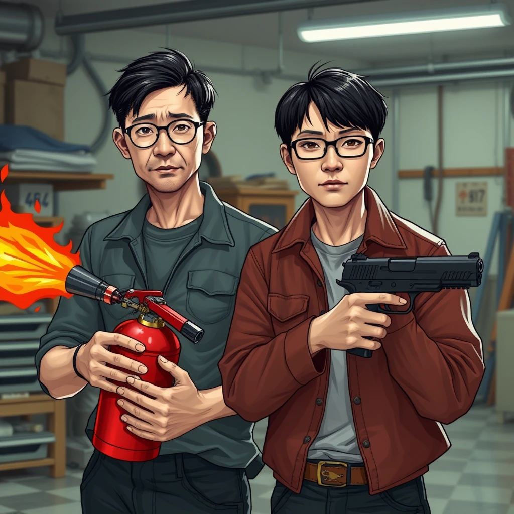 Two-person set, 2 men, 1 Caucasian man, 1 Northern Chinese man, they are together in a garage setting. Here are the details, and I want every detail with accuracy. The first one (Italian white man) has these features: he's rather thin, has round prescription glasses, and has short black hair. He's holding a very large fire extinguisher flamethrower. The second one (Northern Chinese man) has these features: a thin long face, wears square prescription glasses, has mid to long fringe black hair, and he's holding a pistol.