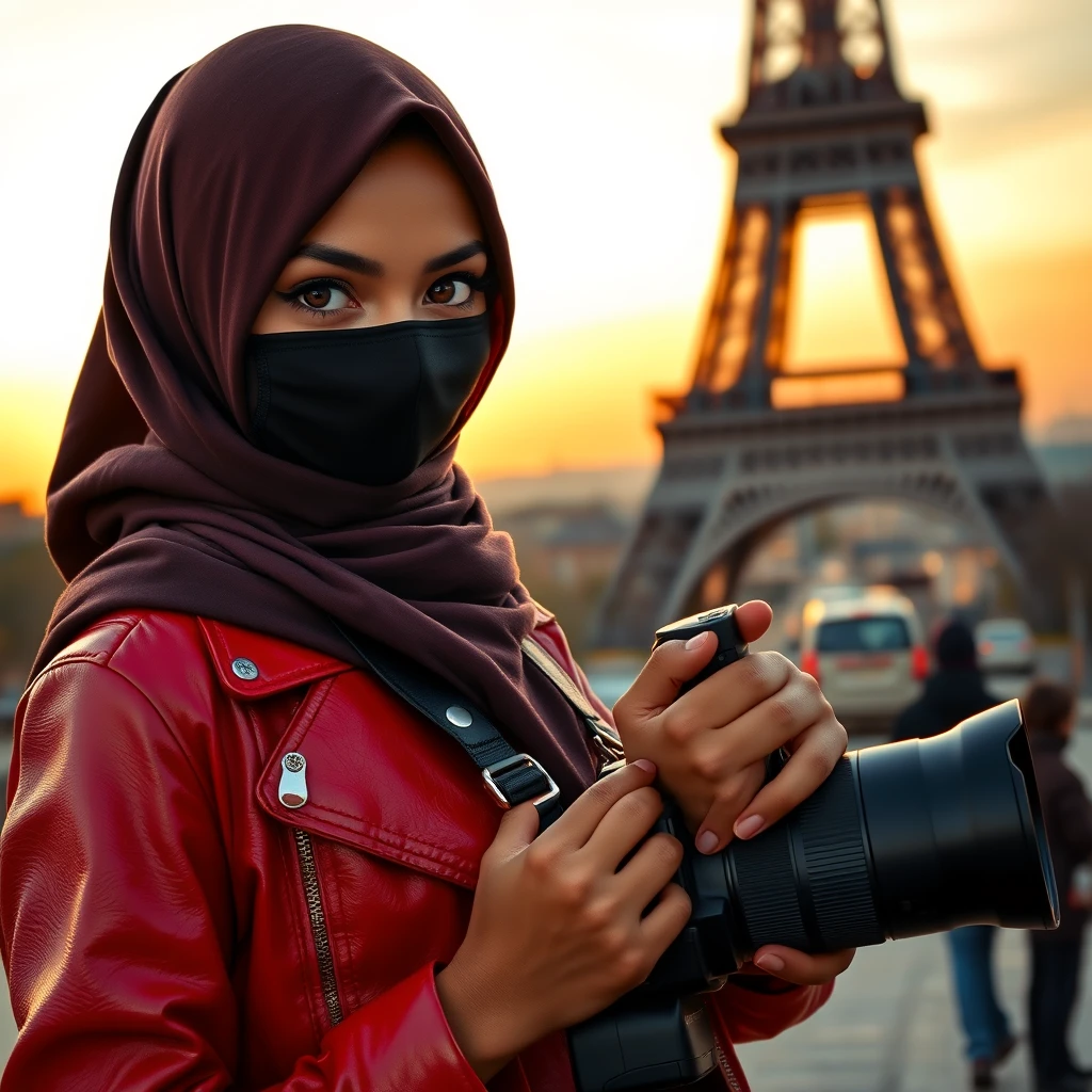 Biggest soft choco hijab Muslim girl, beautiful eyes, black face mask, red leather jacket, largest skirt, holding a Canon DSLR camera, sunrise, morning scenery, Eiffel Tower, hyper-realistic, street photography.