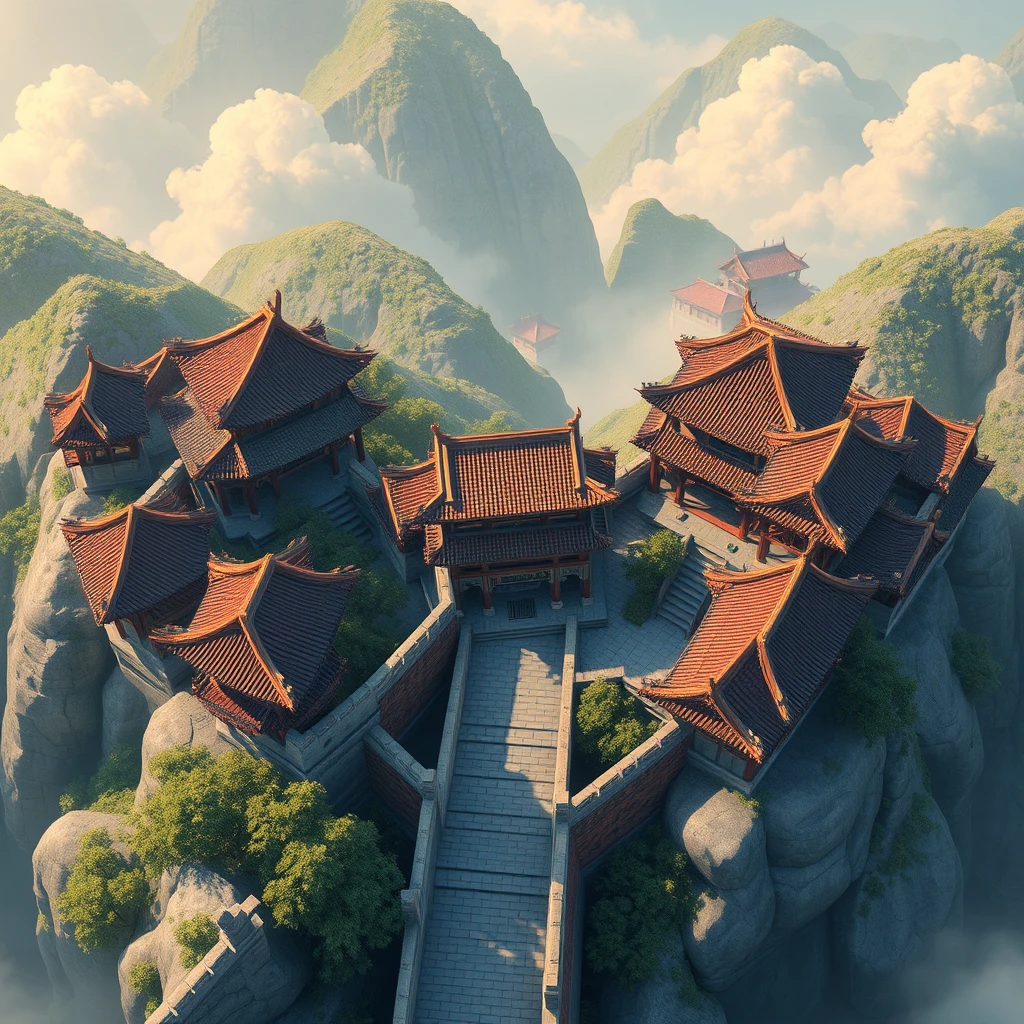 Ancient Chinese architecture, city wall, top view, game scene design, vertical perspective, animation style, thick coating, national style game style - Image