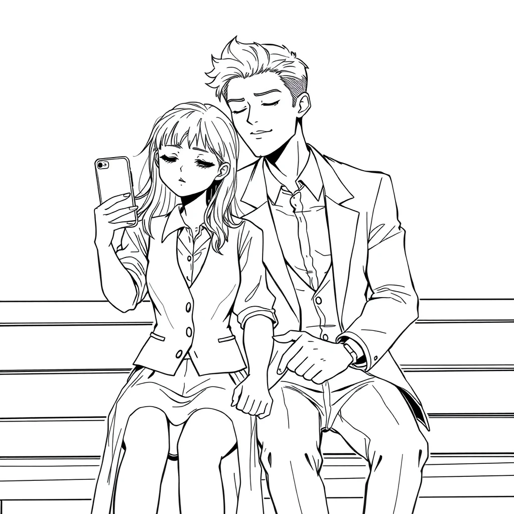 A girl in a shirt and vest and a skirt took a selfie with her phone; a boy leaned on her shoulder. The boy is tall and handsome, wearing an open suit, with his eyes closed and sleeping. They sat on a bench, their hands shaking. Line art.