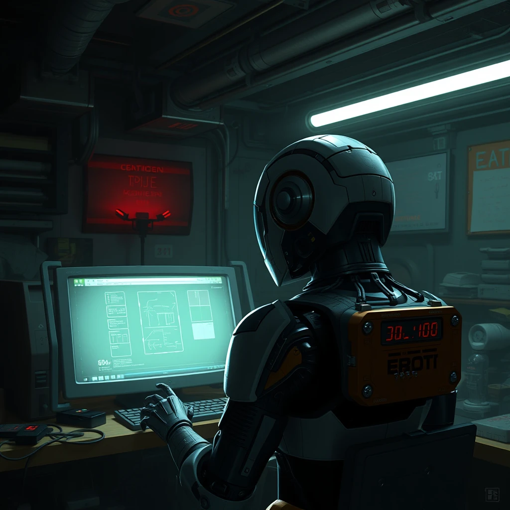 Futuristic sci-fi, a robot facing a computer, dim room, weak light source, cluttered objects, 16:9, Concept Design, Game Design, Artstation. - Image