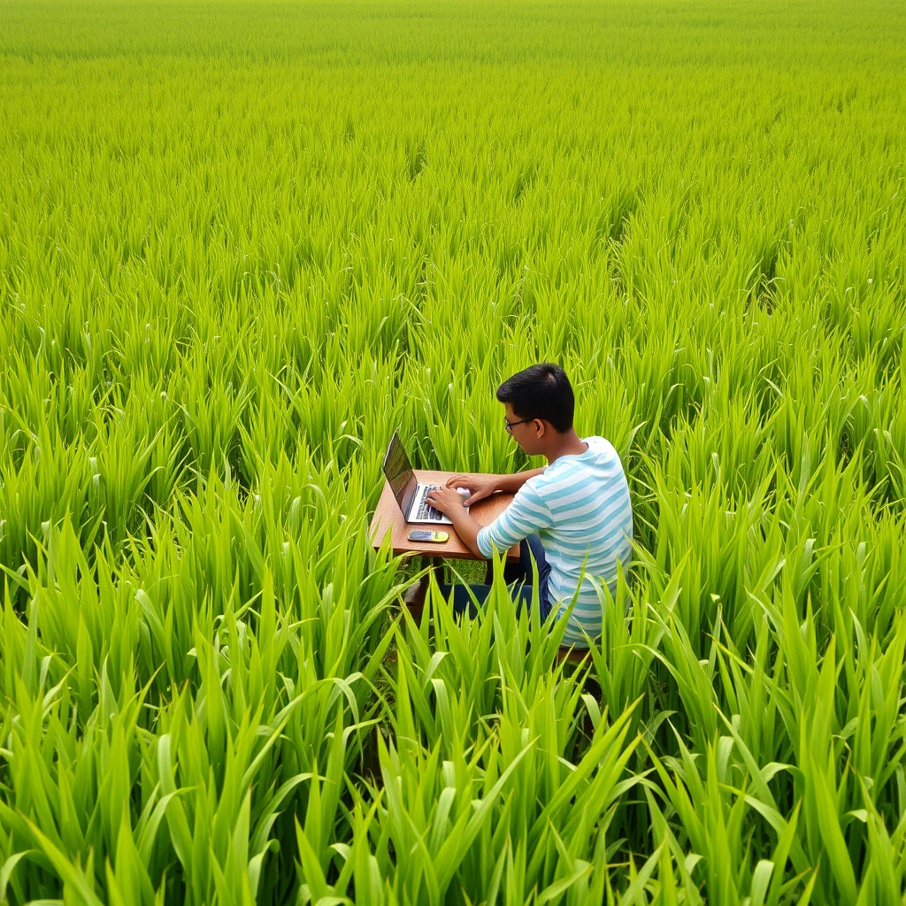 'an IT person is coding in the middle of a lush rice field at a table, where the rice plants even crawl up to the IT person's table.' - Image