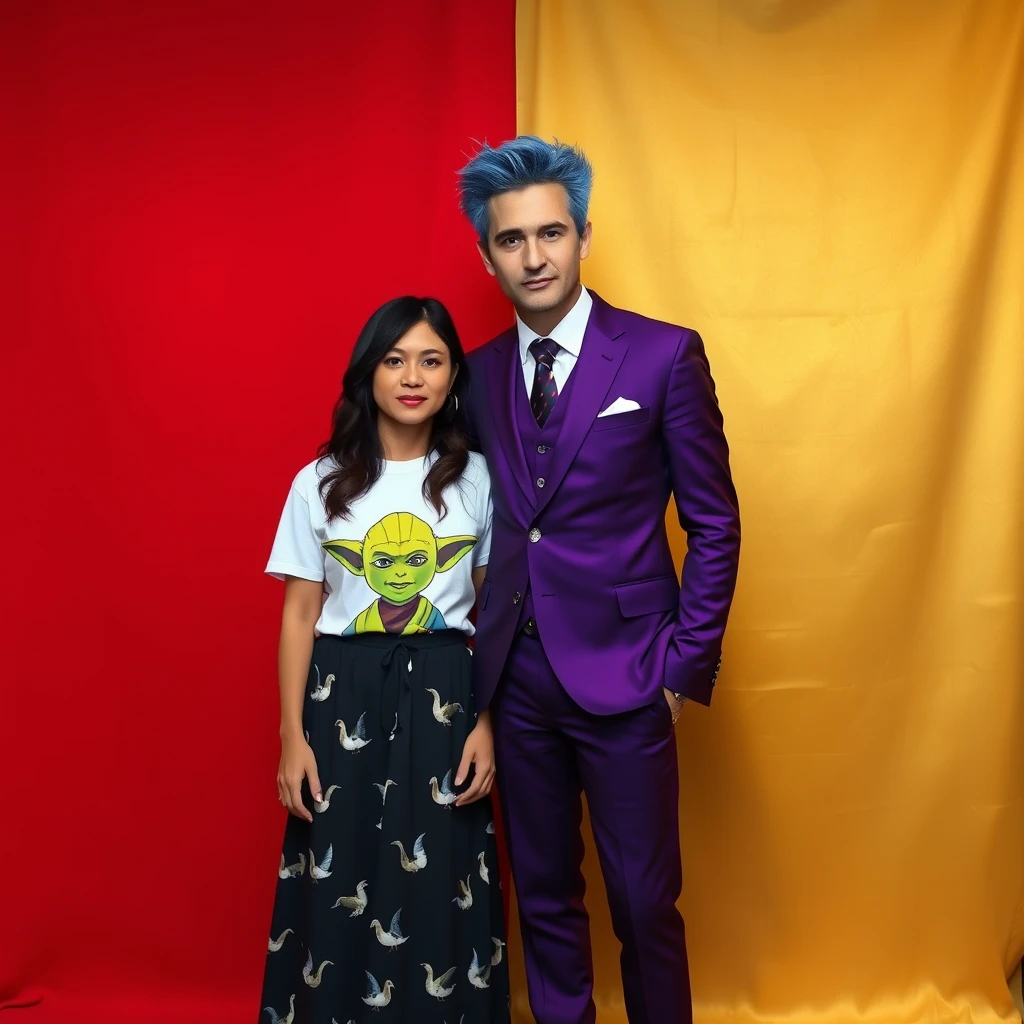 A man and woman are standing together against a backdrop. The backdrop is divided equally in half down the middle: the left side is red, and the right side is gold. The woman is wearing a t-shirt with a Yoda motif and has a long skirt with birds on it. The man is wearing a three-piece purple suit and has spiky blue hair. - Image