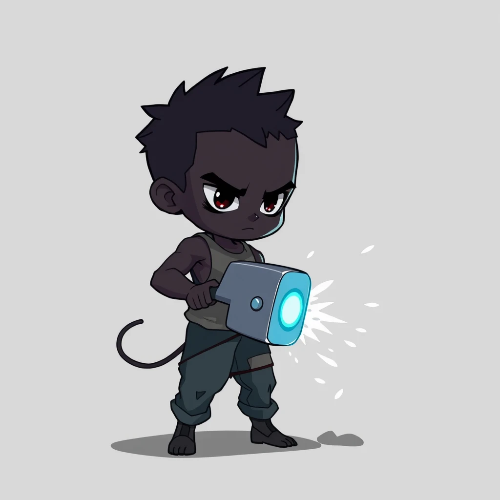 A 2D, chibi-style boy with dark skin is hammering iron, his whole body like... - Image