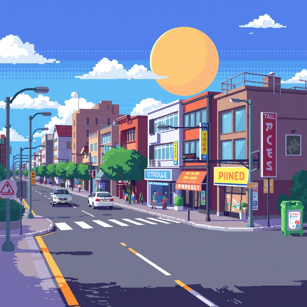 Urban streets, commercial streets, roads, pixel art, 2-bit