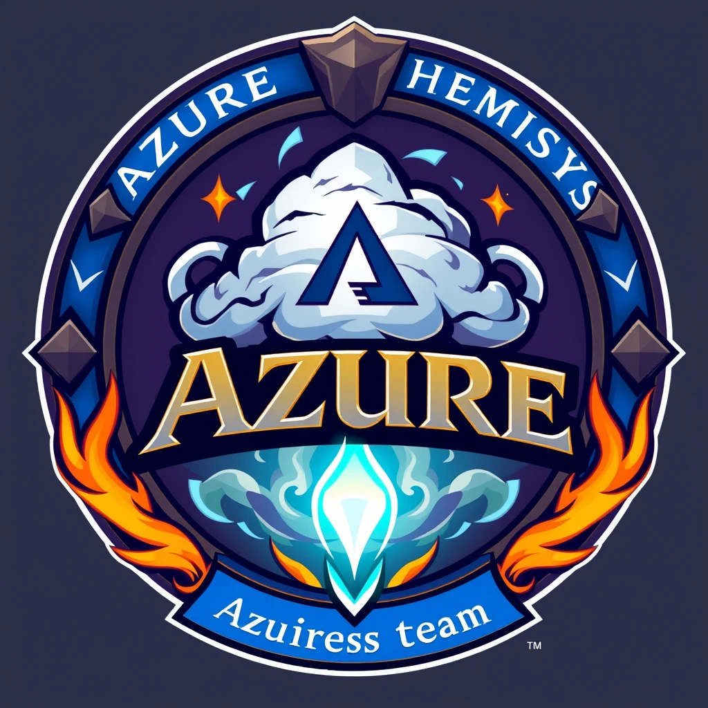 A logo for a team named "Azure Alchemists". Should be in a fantasy style, high-detailed, include Azure Cloud logo and Microsoft logo. Should include name of the team written on the bottom.