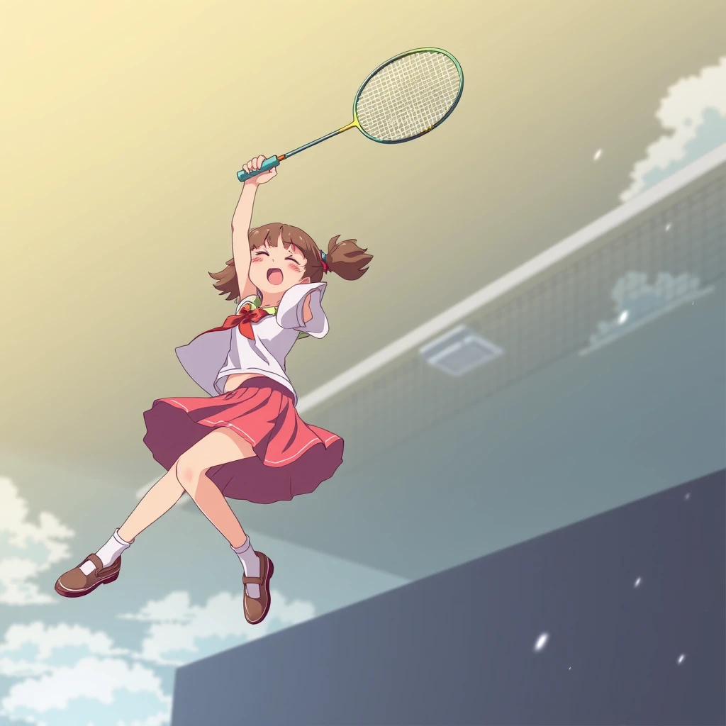 A girl jumps up with a badminton racket to smash, anime.