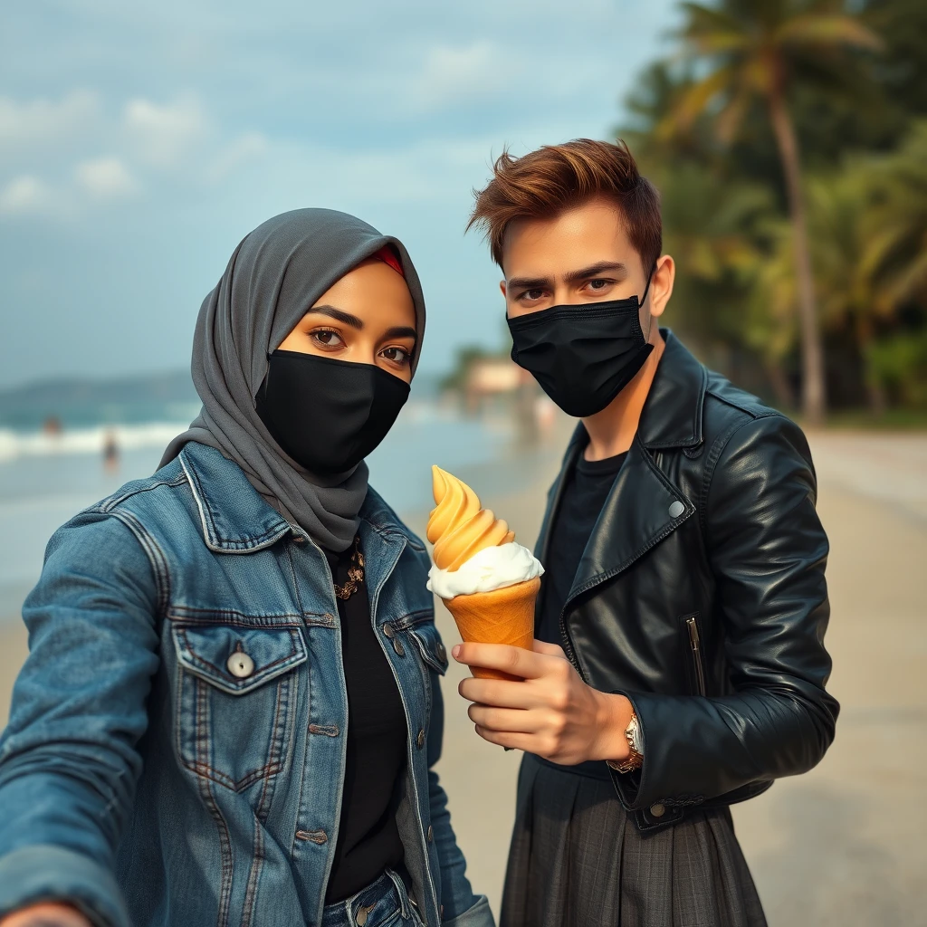 Jamie Dornan's head and body shot, handsome, black face mask, denim jacket, jeans, dating, love couple with the biggest grey hijab Muslim girl, beautiful eyes, black face mask, black leather jacket, biggest skirt, at the beach, holding an ice cream, hyper-realistic, street photography, selfie.