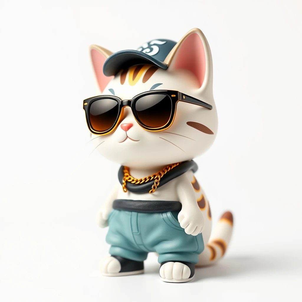 A cat figurine, 3D style, depicted in a cute Japanese chibi (two-head) style, wearing hip-hop style clothing such as oversized sunglasses, a gold chain, baggy pants, and a hat. Overall style is cartoonish and adorable, background is white.