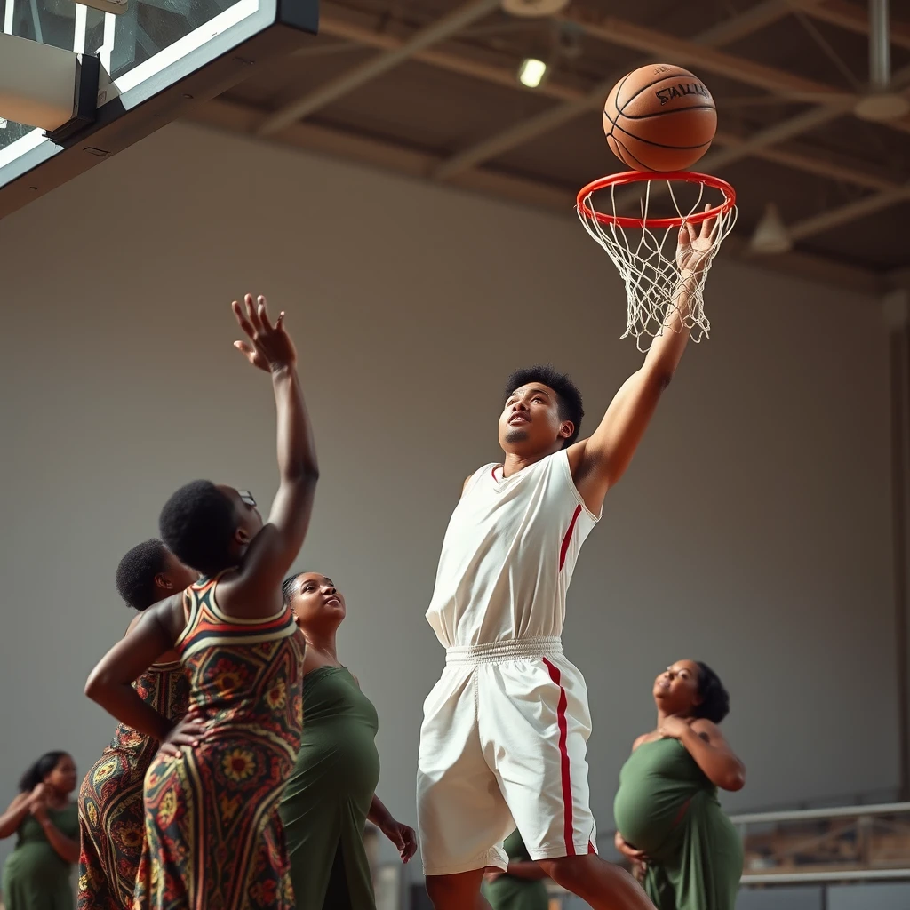 Asian man performing a slam dunk against a team of tall pregnant Ethiopian women.