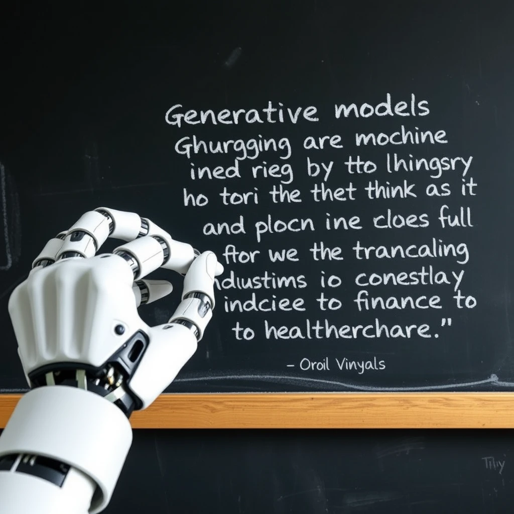 A robotic hand holding a piece of chalk writing with that piece of chalk on a chalkboard with writing on it that says “Generative models are changing the way we think about machine intelligence and creativity, and have the potential to transform industries from media to finance to healthcare.” ~Oriol Vinyals , classroom style chalkboard - Image