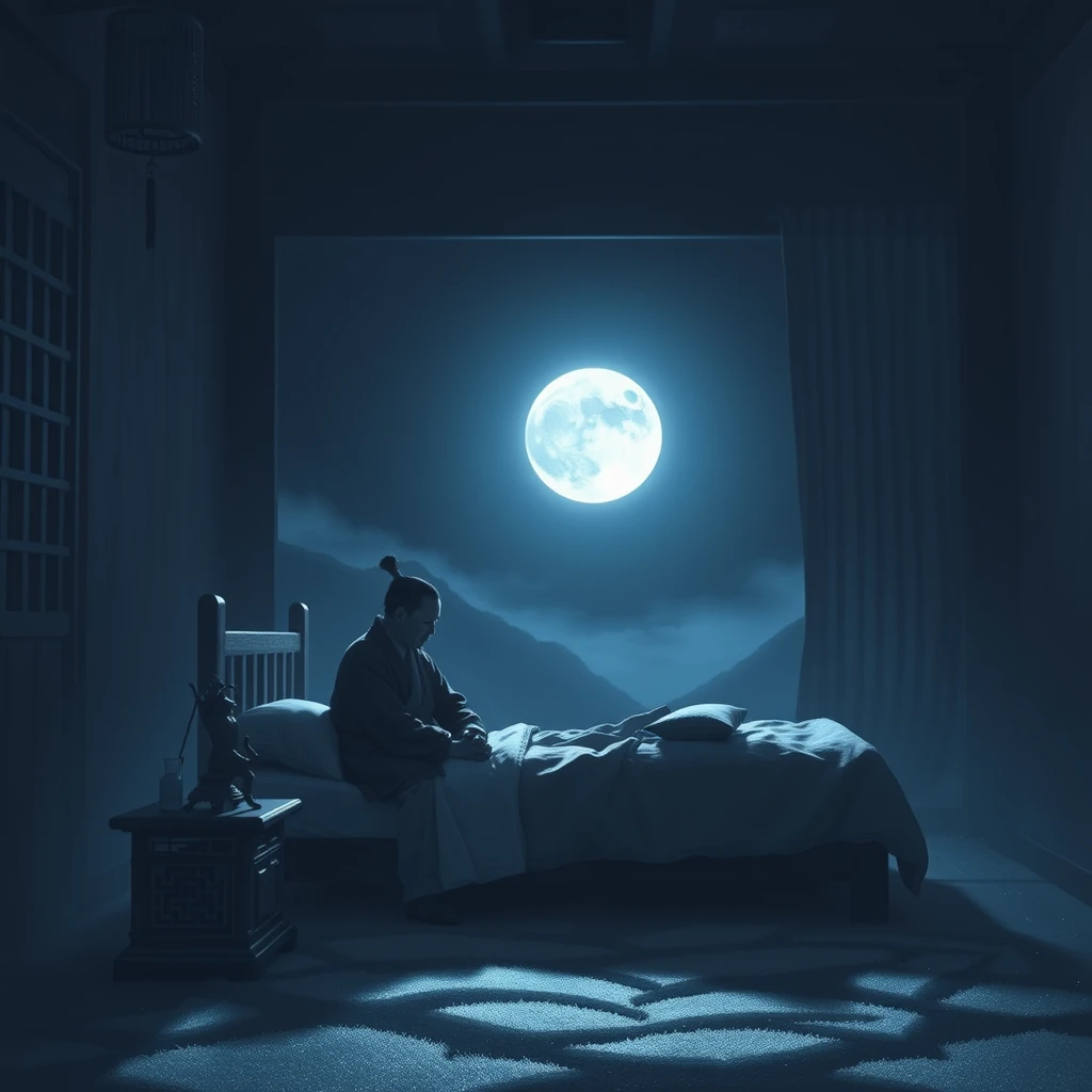 One night, a man in China during the Tang Dynasty sat by his bed at home, with the moonlight streaming into the room. The moon was particularly bright that night, casting a glow that looked like a layer of white frost on the ground. The room was incredibly quiet, with only the moonlight shimmering.