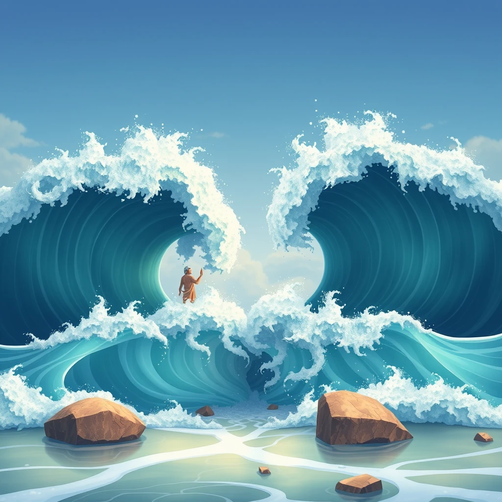 An ancient Arabian man split the sea into two parts so that the waves were very high to the left and right, animation.