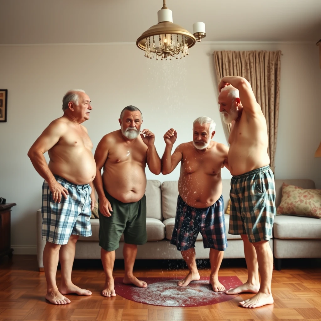 4 Old men showering full body head to toe in living room - Image