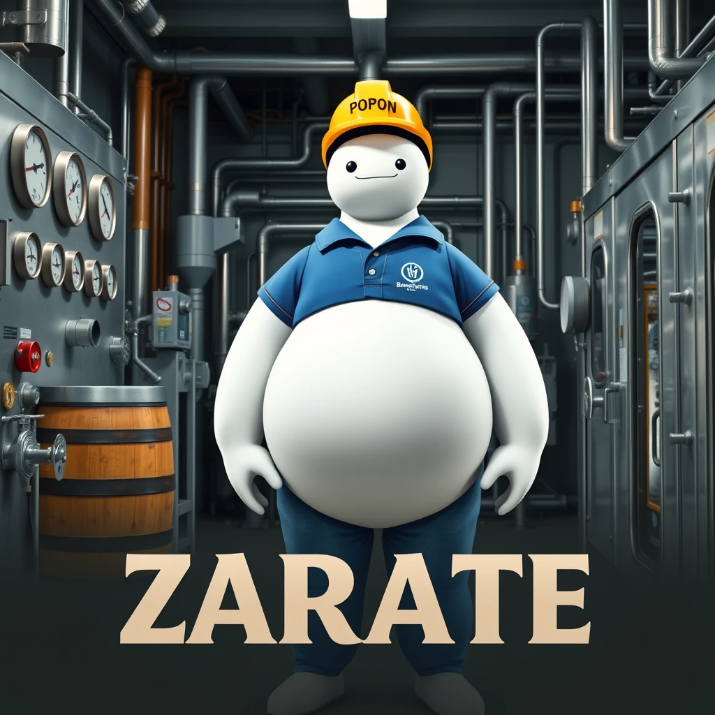 Baymax in a beer bottling facility surrounded by machinery, a barrel, gauges, dressed in a blue polo uniform, the logo of the international company Bureau Veritas, blue jeans, and a yellow helmet with the word POPON written on it, and below in the photo the caption in beautiful letters ZARATE. - Image