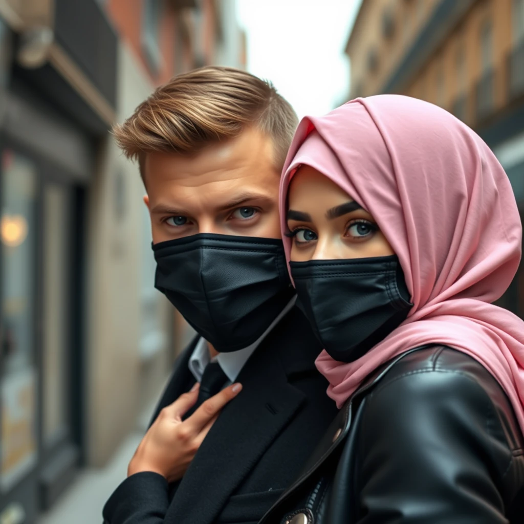 Jamie Dornan's face, hair, and body shot, handsome, young, shaved, black face mask, black coat suit, dating love with the biggest soft pink hijab girl, beautiful eyes, black leather jacket, black face mask, biggest floral skirt, hyper-realistic, street photography. - Image