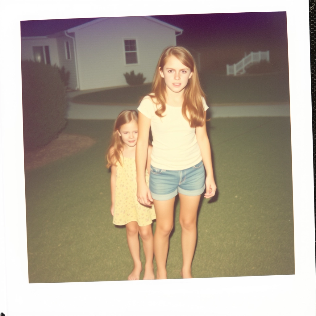 Barefoot teenage girl standing behind her angry mom, 1970s, Polaroid picture.