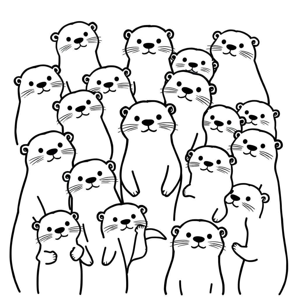 Many otters, Full frame cute doodle art, thick line art by Mr Doodle and Keith Haring, black and white, stick figure, youthful, cute, clean outlines and lines, white background, geometric shapes. - <@441362717362880533> (fast)