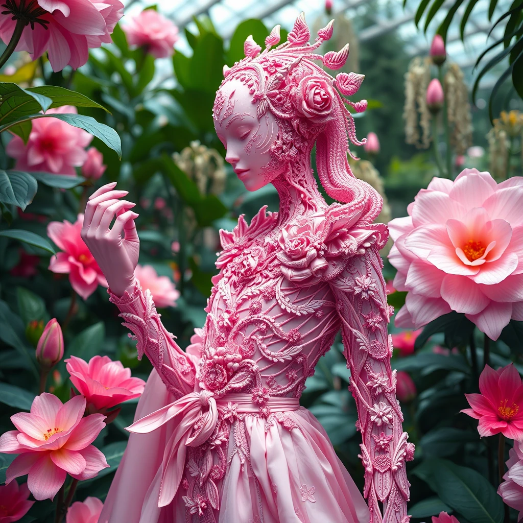 pink insanely detailed and intricate, hyper maximalist, elegant, super detailed, dynamic pose, photography, volumetric, ultra-detailed, intricate details, 8K, super detailed, ambient occlusion, volumetric lighting, high contrast, HDR high fashion humanoid in a botanical garden