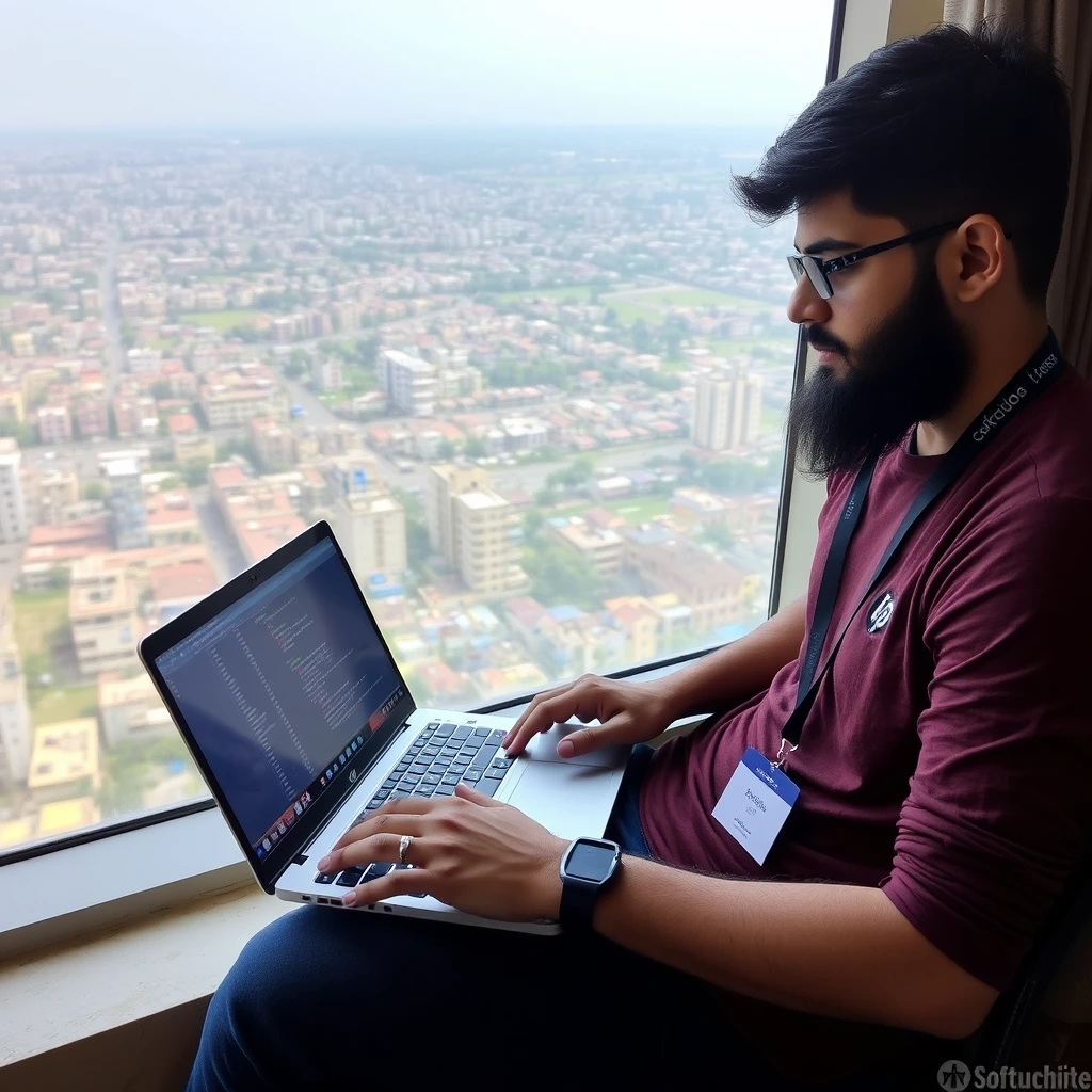 A bearded young guy, coding on an HP laptop sitting on the 14th floor where his window shows the entire Indore city. He has a badge of his company around his neck. The company name is "Softude". - Image