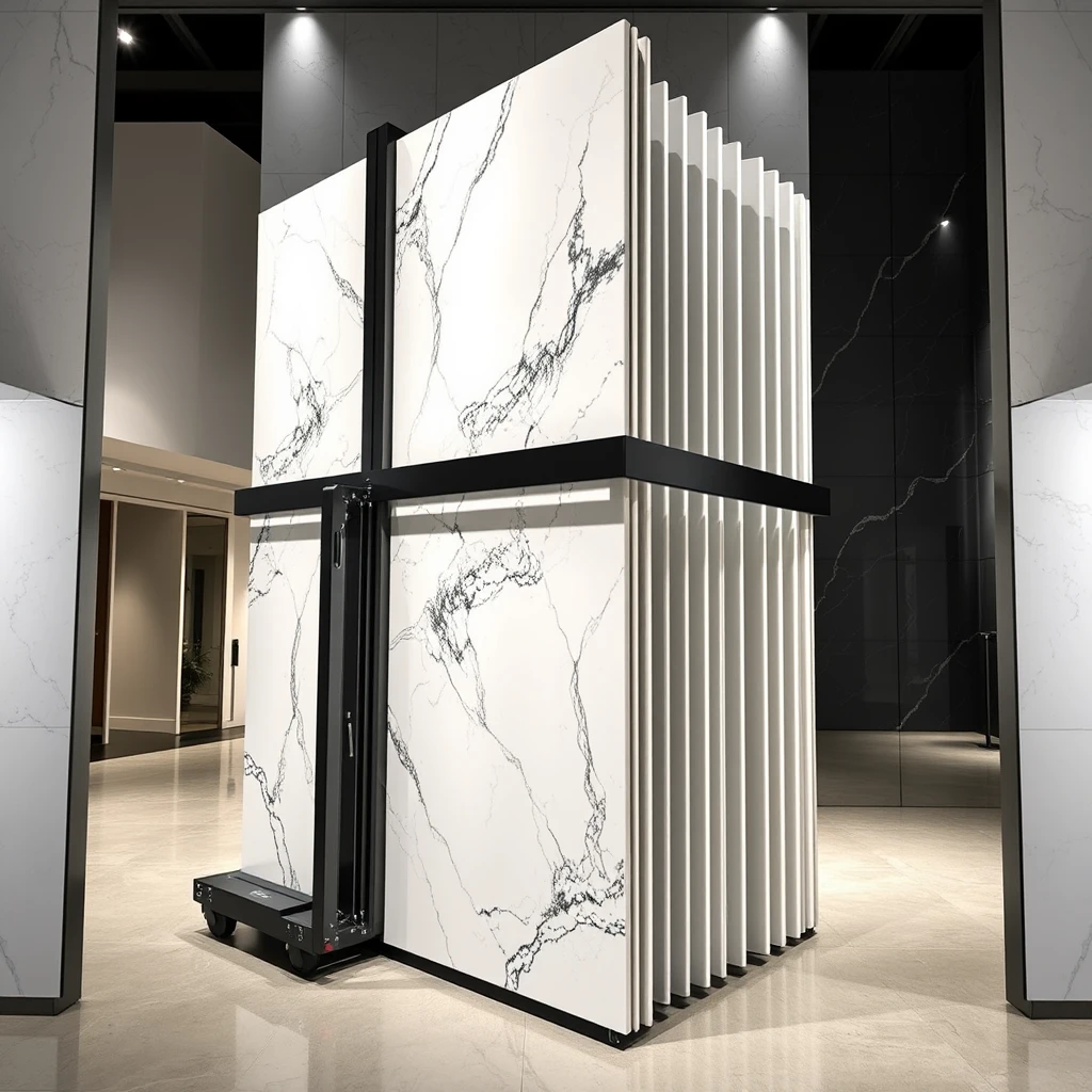 Smart, stylish automated display system that can hold large 4-meter-sized polished marble panels, allowing the marble panels to be carried on AGVs, oriented vertically or horizontally, and automatically unfolding into L-shaped bookmatch format for the best viewing experience. - Image