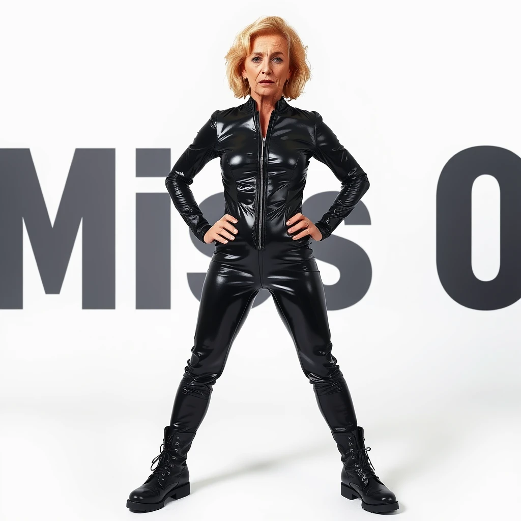 Extra wide shot of a 50 year old woman with short wavy blond hair and a round face wearing a skin-tight, very reflective metallic black latex catsuit standing up, small breasts, legs apart, white background, shiny black army boots, large silver zipper on catsuit, muscular arms, hands on hips, smoking a cigarette, raunchy, sexy, the text "Miss O" in large black letters in the background, long sleeve stretchy latex catsuit. - Image