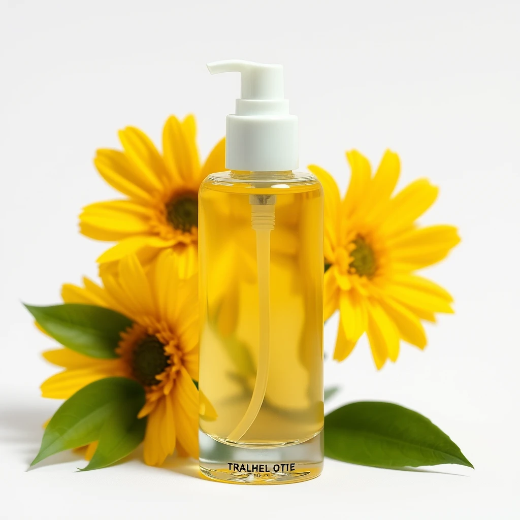 Transparent cosmetics, the bottle contains yellow liquid, with yellow monochrome flowers and green leaves accentuating behind the bottle, in a minimalist style. - Image