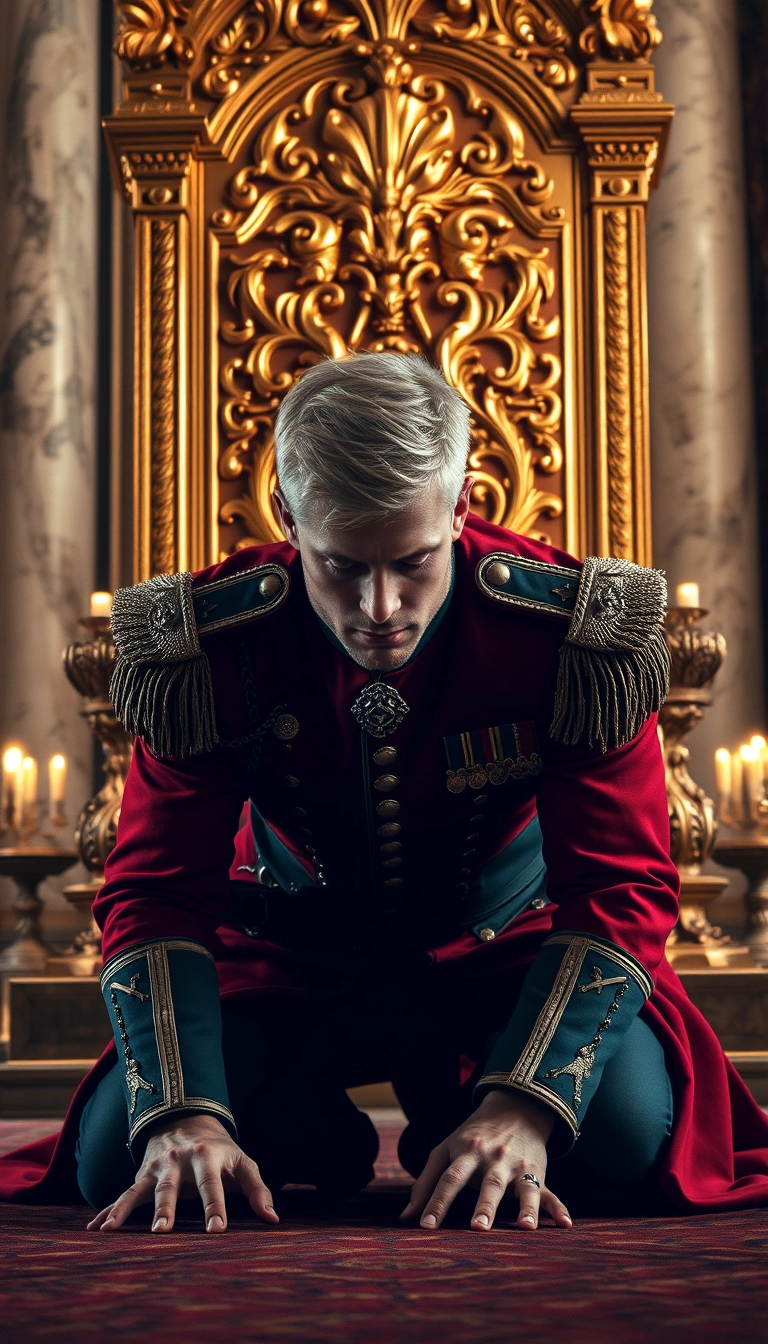 Main Character: A handsome and muscular blond British King with piercing blue eyes, dressed in a meticulously detailed British royal military uniform, is positioned on all fours, his head bowed low to the ground, trembling slightly. His posture conveys a sense of defeat and desperation.

Background: A colossal golden throne, intricately carved with ornate details and shimmering under the soft glow of candlelight, dominates the scene. The throne room is vast and opulent, with towering marble pillars and rich tapestries adorning the walls. A sense of history and power permeates the atmosphere.

Visual Style: The scene should be captured in a professional, cinematic style, reminiscent of historical dramas like "The King's Speech" or "The Crown". The lighting should be dramatic and moody, casting long shadows that emphasize the King's vulnerability and the imposing presence of the throne. The color palette should be rich and regal, with deep reds, golds, and blues dominating the scene. The overall composition should create a sense of tension and drama, highlighting the King's internal struggle and the weight of his responsibilities. The image should be sharp and detailed, showcasing the textures of the King's uniform, the intricate carvings on the throne, and the opulent surroundings. - Image