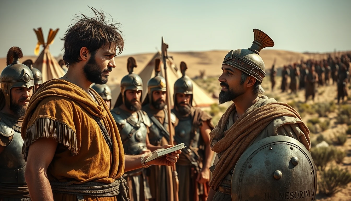 A young man with messy hair is orating to a middle-aged Mesopotamian king. The young man is dressed in ancient biblical shepherd's attire. Both men are surrounded by a diverse group of men in ancient Israelite Bronze Age soldier armor with conical helmets. In the background are Bedouin tents pitched on a desert shrub land. In the distant horizon stands another army armed and ready to fight. Dramatic lighting. - Image