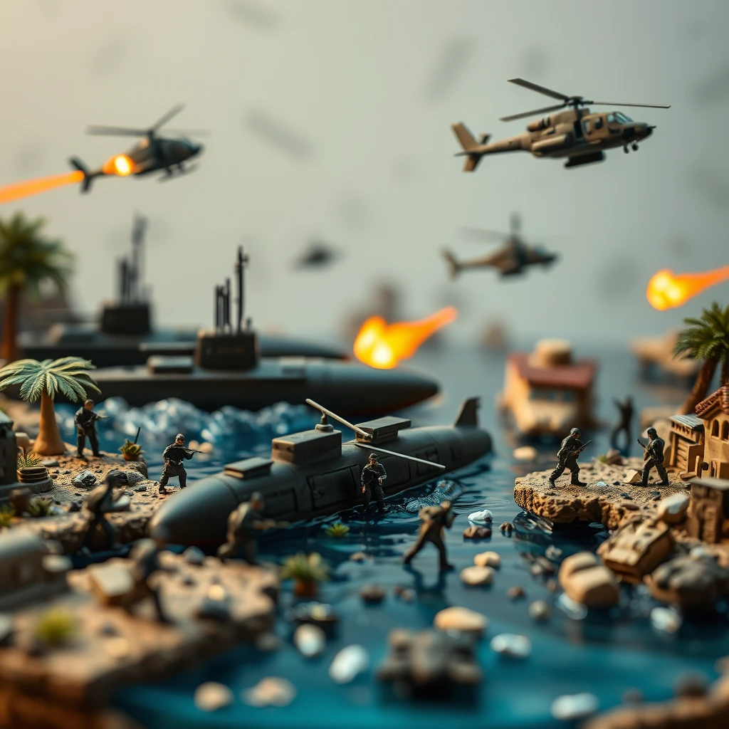 A diorama of mini war scenes with submarines, helicopters, army men, and fire. Based in the Middle East and exotic locations --v 6.0. - Image