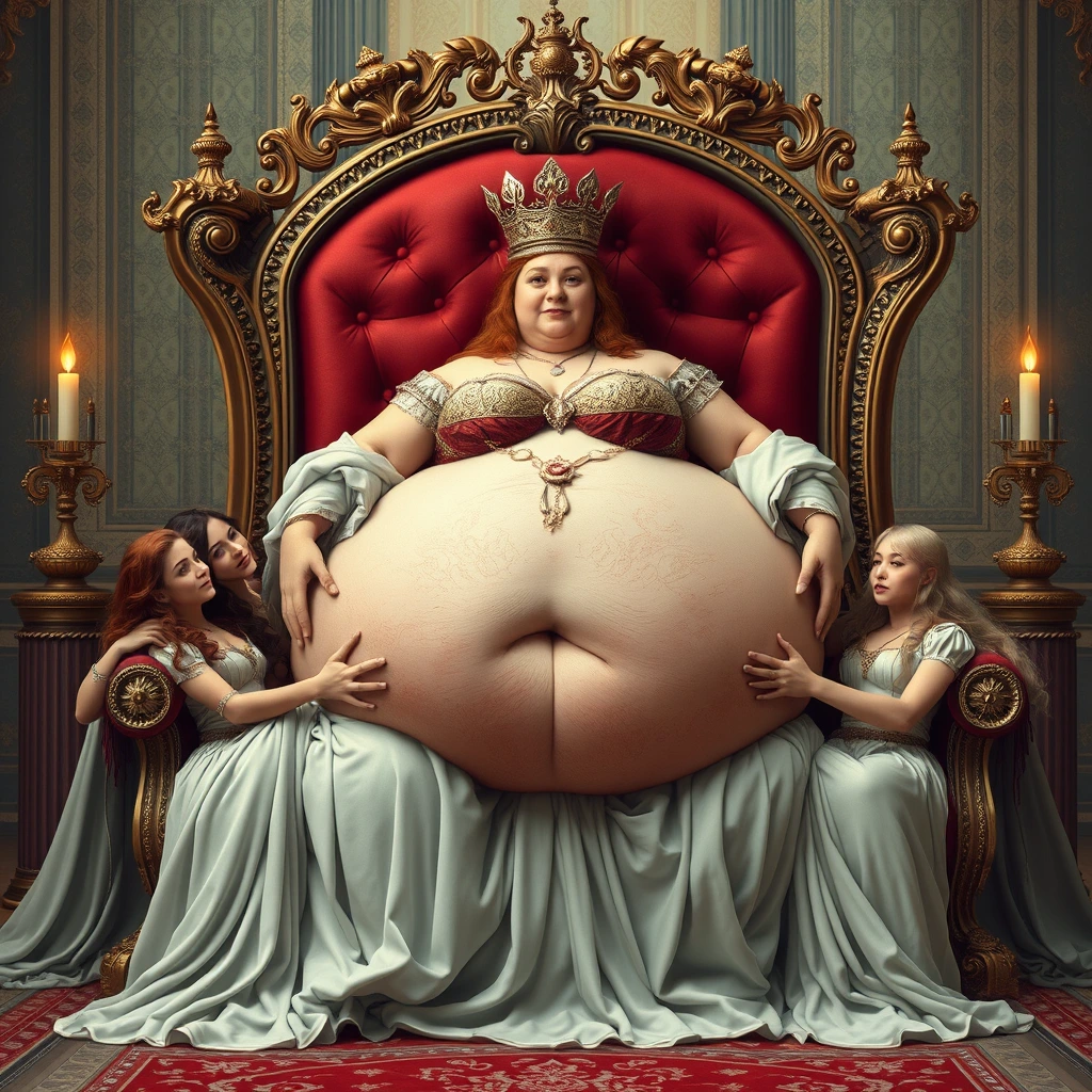 The beautifully plump queen lies on a luxurious and exquisite throne, with ten maidens supporting her enormous belly. - Image