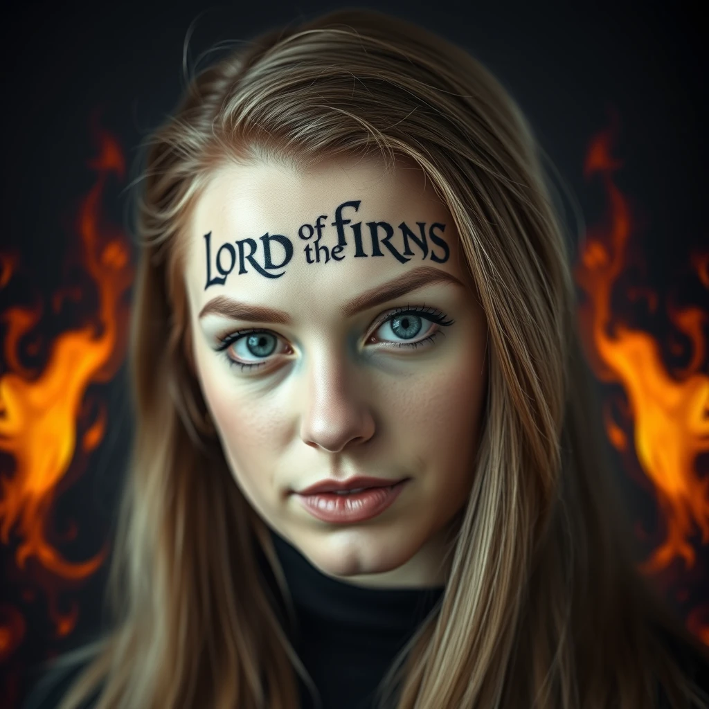 Professional headshot of a woman, with the words "Lord of the Rings" tattooed on her forehead in runes, surrounded by fire and ice.