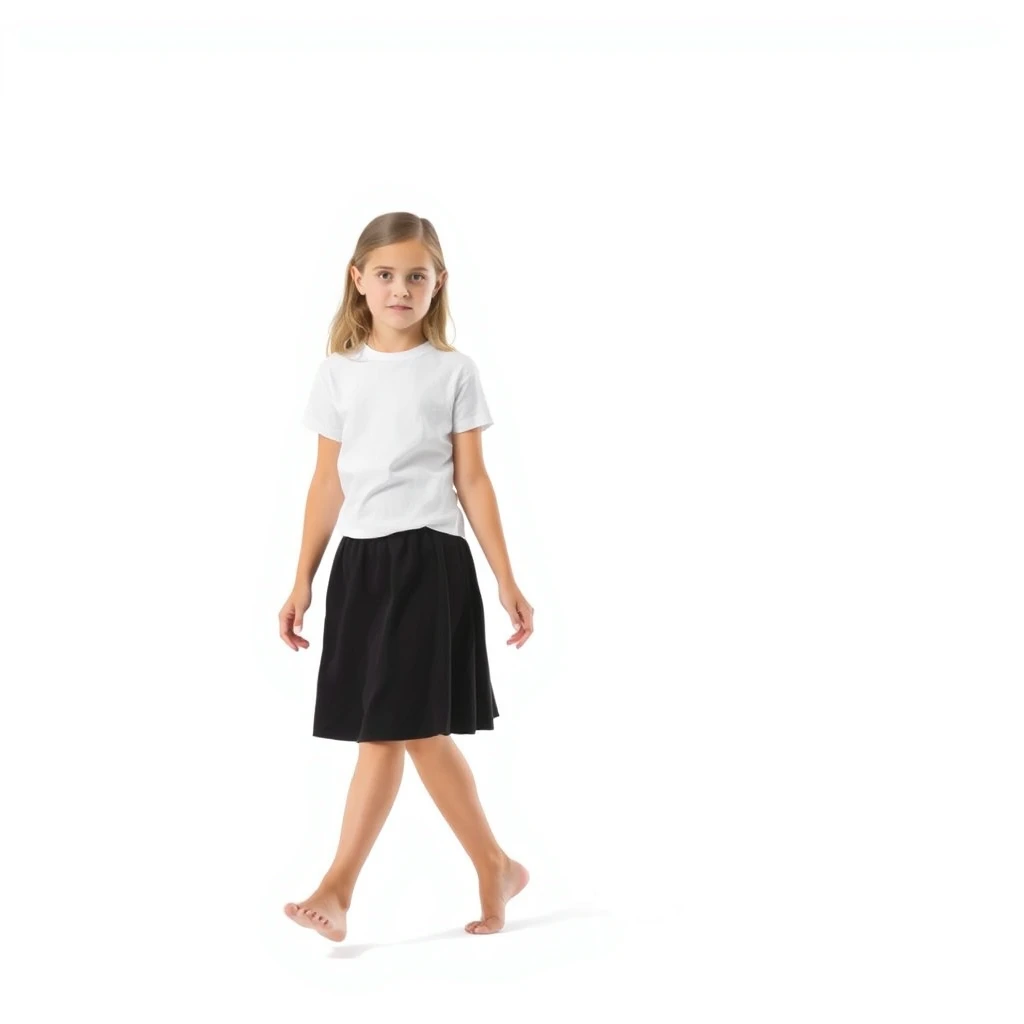 Create a photo: A 16-year-old teenage girl is wearing a black skirt and a white T-shirt and is barefoot. She is fully visible and walking towards the viewer. The background is white.