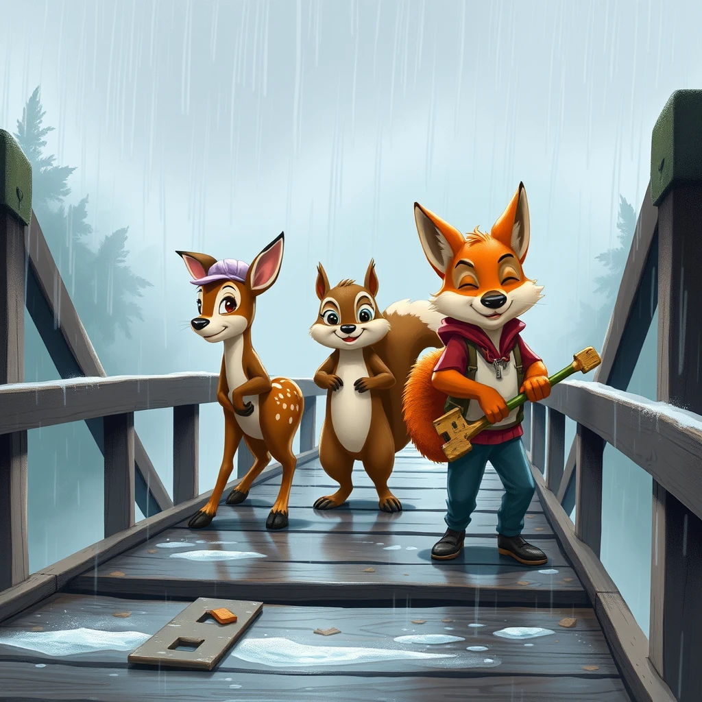 Daisy the deer, Squeaky the squirrel, and Sly the fox work tirelessly on the bridge despite the stormy weather, their faces set with determination as raindrops splash around them. - Image