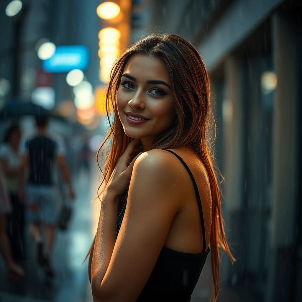 Beautiful young woman standing in the rain