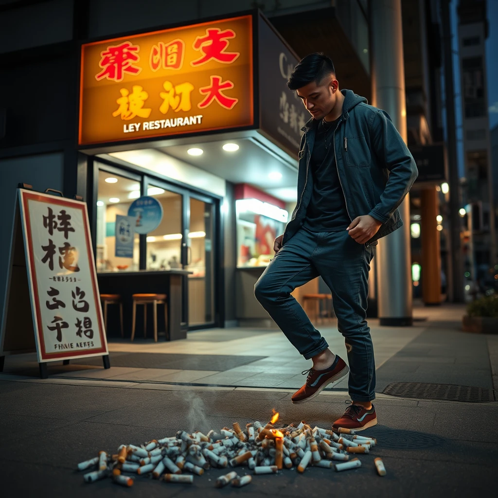 In the evening, a young strong man is stepping on cigarette butts outside a restaurant. There is a sign outside the restaurant, and the words on the sign can be seen clearly in Chinese characters or Japanese. - Image