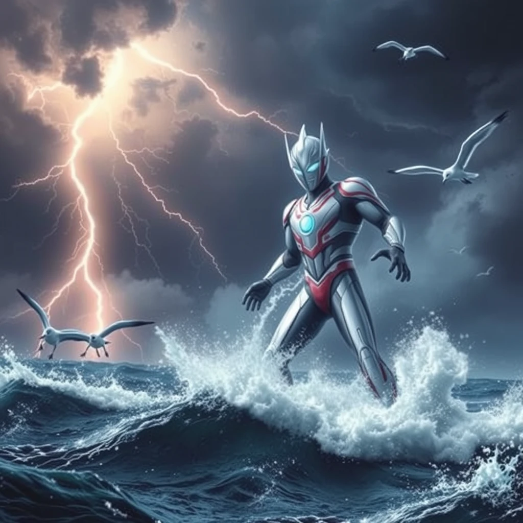 "Storm, ocean, lightning, seagulls, a giant Ultraman fighting, cool tones, realistic high definition." - Image