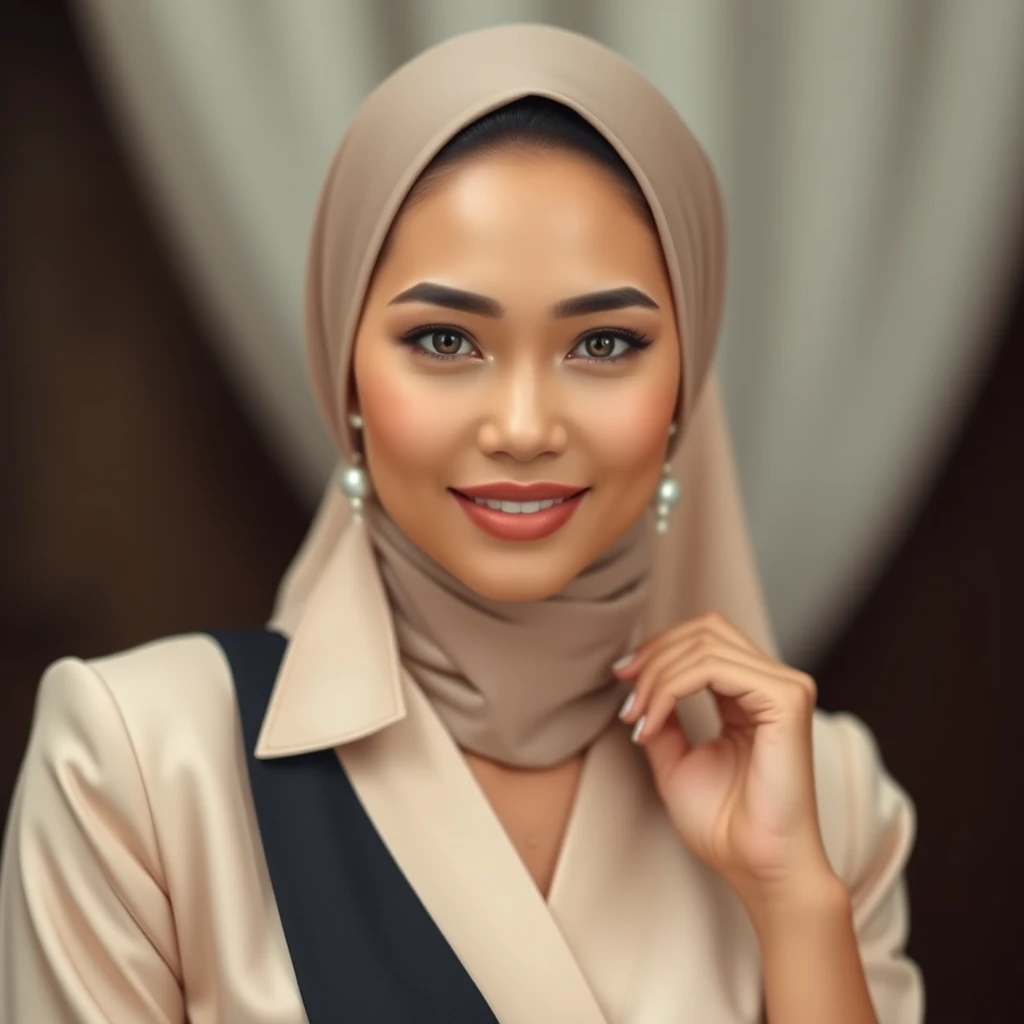 "Create an image of a beautiful Indonesian woman with fair skin. She should be portrayed in an elegant and tasteful manner, reflecting both beauty and confidence. Her attire should be stylish and sophisticated, highlighting her grace and poise. Ensure that the image is respectful and artistic, with a focus on showcasing her features and attire in a refined way. 8K HD" - Image