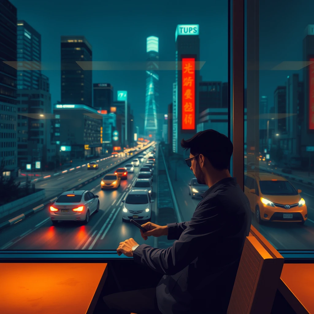 "A late-night commuting rush, an office worker sits inside a restaurant by the window. Outside the window is the city nightscape and traffic, in a cyberpunk style."