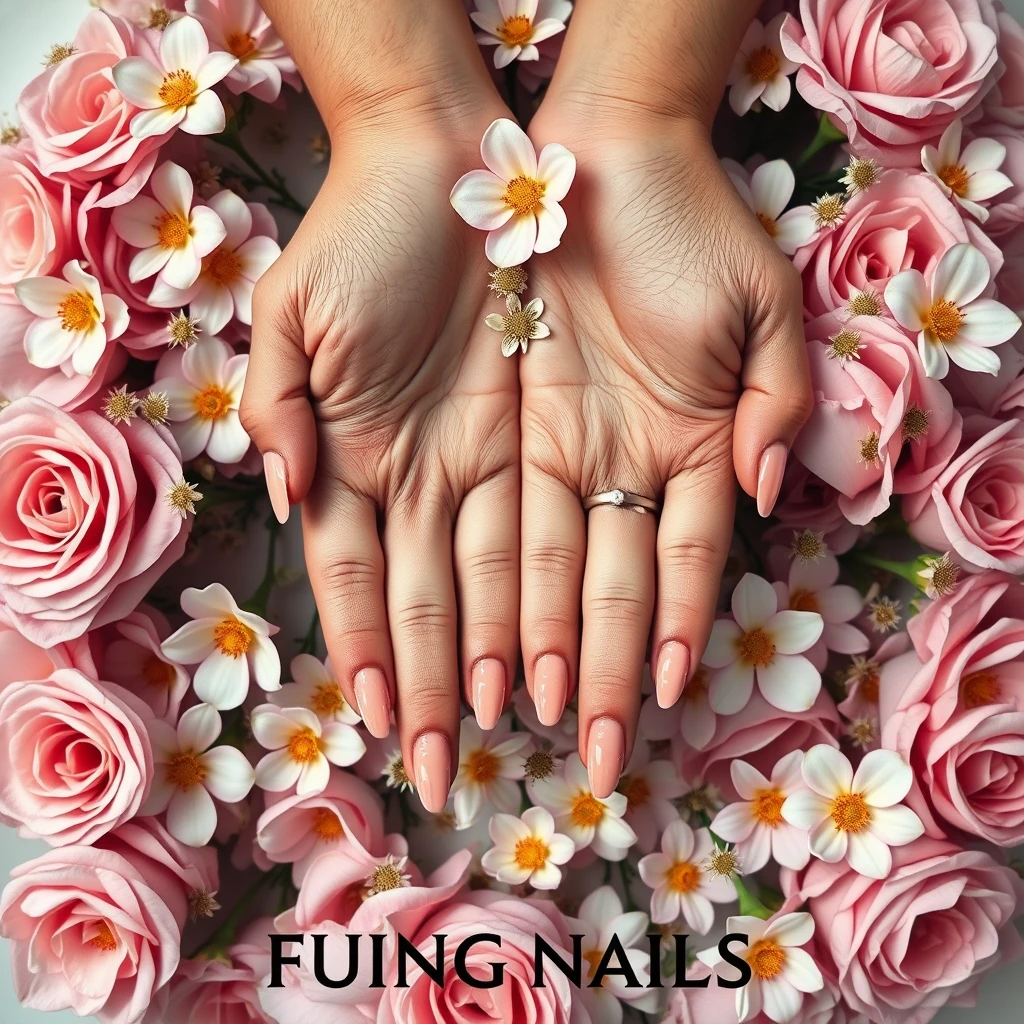 A pair of hands with nude nail art, e-commerce photography, surrounded by flowers, with many stars around the hands, poster design, text message: FUING NAILS - Image