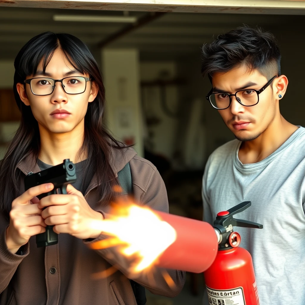 21-year-old thin, long-faced young northern Chinese man with a square chin, wearing square glasses and holding a pistol, with long hair; 21-year-old Italian man wearing round glasses and short hair holding a very large fire extinguisher flamethrower; garage setting; both angry.