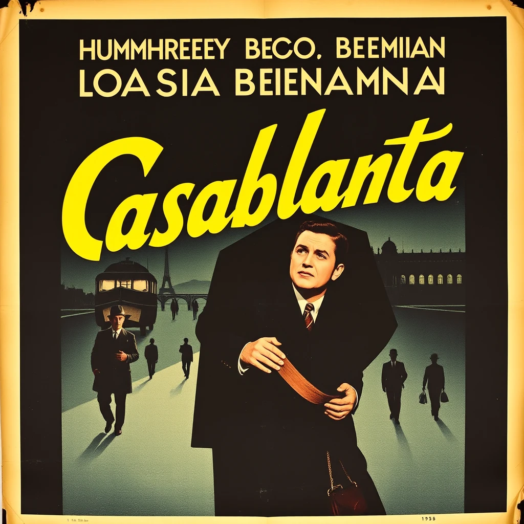 A vintage movie poster for the film Casablanca starring Humphrey Bogart and Ingrid Bergman.