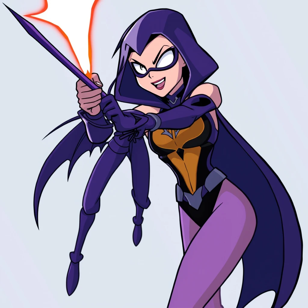 Raven from Teen Titans, anime style, fighting Deathstroke.