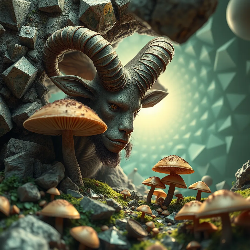 Satyr eating mushrooms and breaking through to another dimension full of geometric fractal patterns, HD photography.